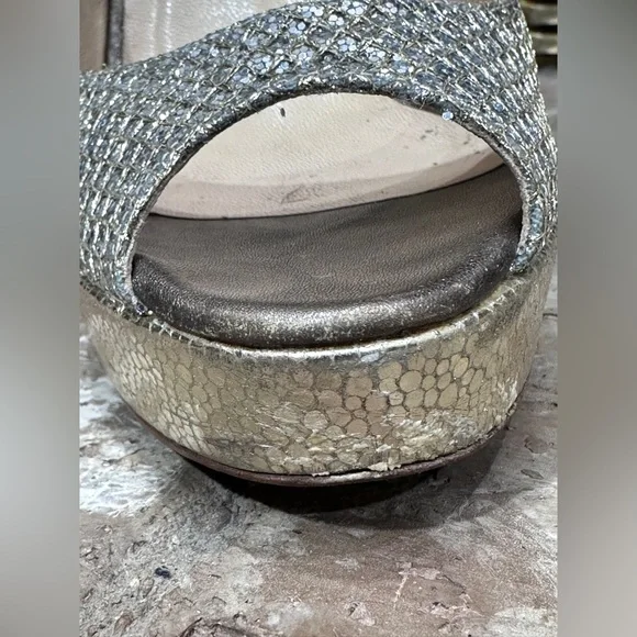 Jimmy Choo Glitter Platform Heels Size 38 EU /8 US Gold Silver Sparkle Stilettos - Picture 10 of 16